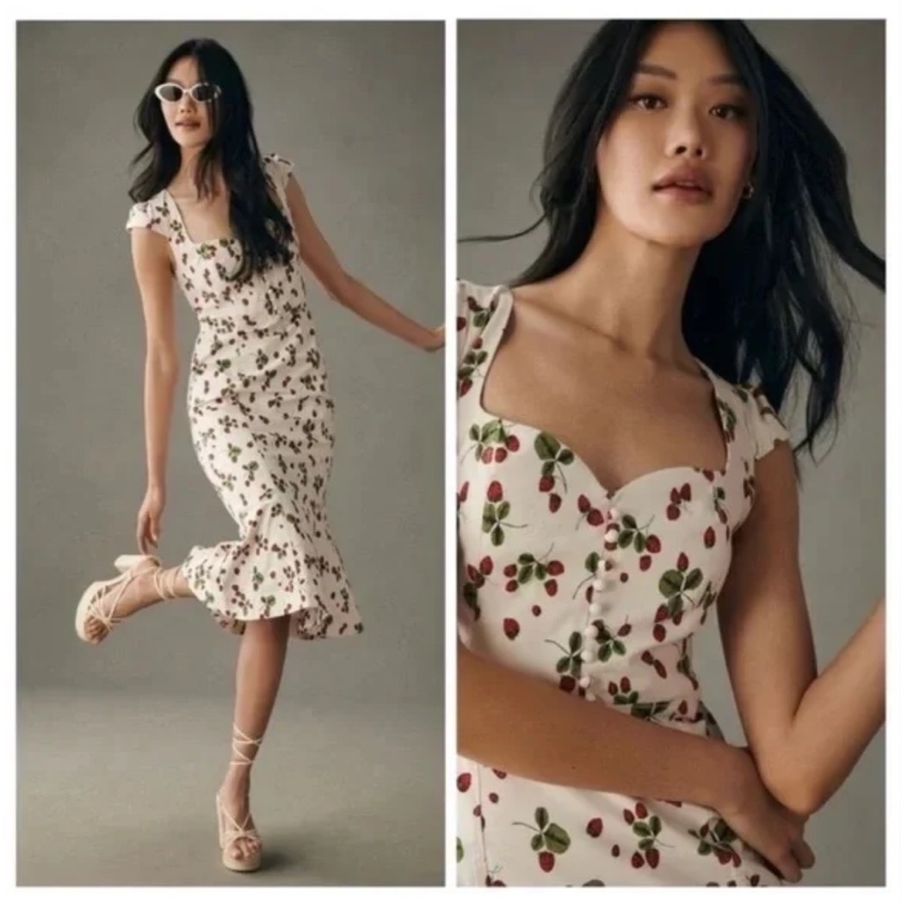 NWT Anthropologie Maeve Cecily Fit & Flare Midi Strawberries Sweetheart Dress, L - Picture 5 of 16
